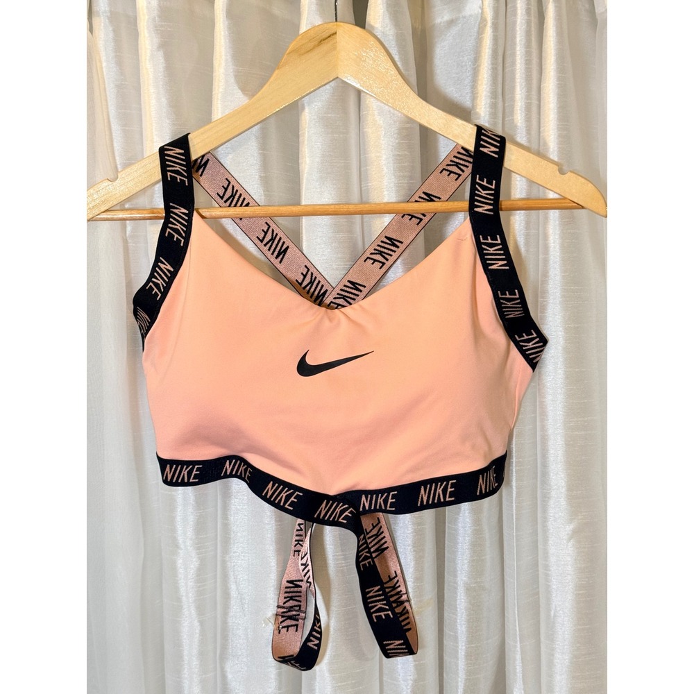 Nike Sports Bra Womens XL Peach Black Logo Taped Criss Cross Dri-FIT Activewear